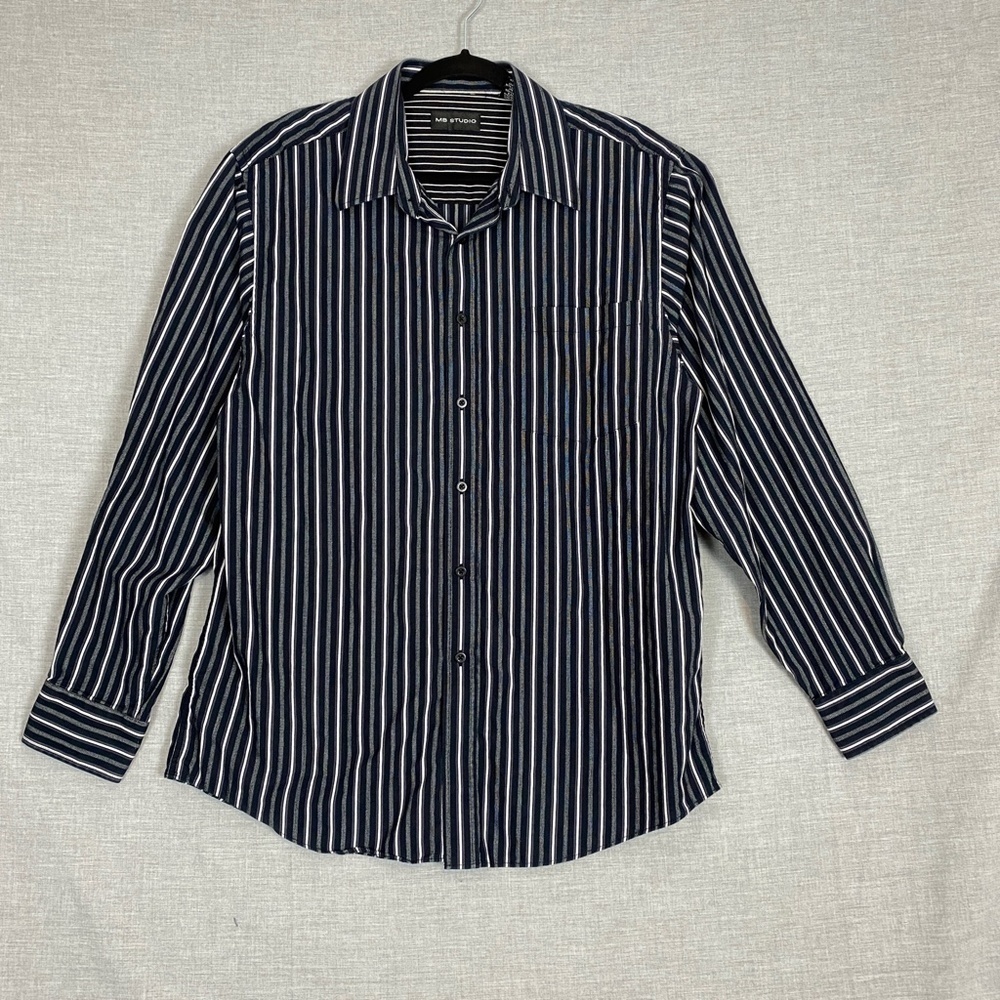 MB Studio Button Up Shirt 100% Cotton Black Stripe Sz XL
